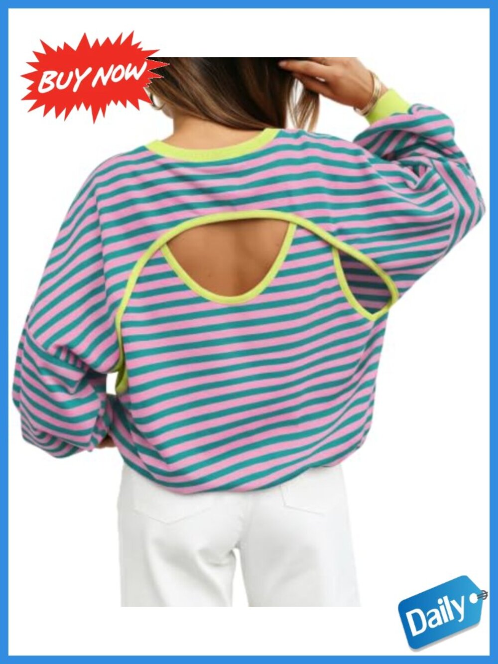 Womens Striped Long Sleeve Open Back Sweatshirt Crew Neck Boxy Fit
